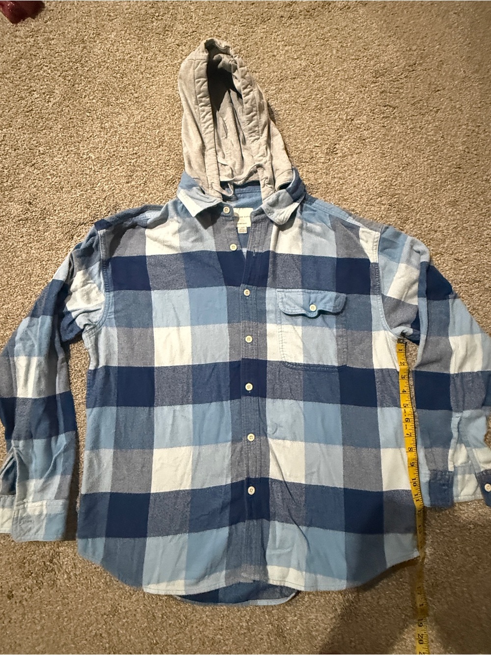 American Eagle Outfitters Blue Plaid Button-Down with Gray Hood